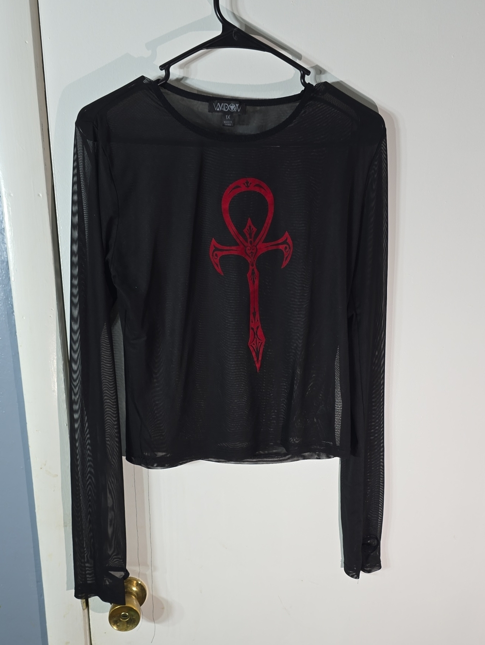 S. the Widow Black Sheer Long Sleeve Tee with Red Ankh Graphic